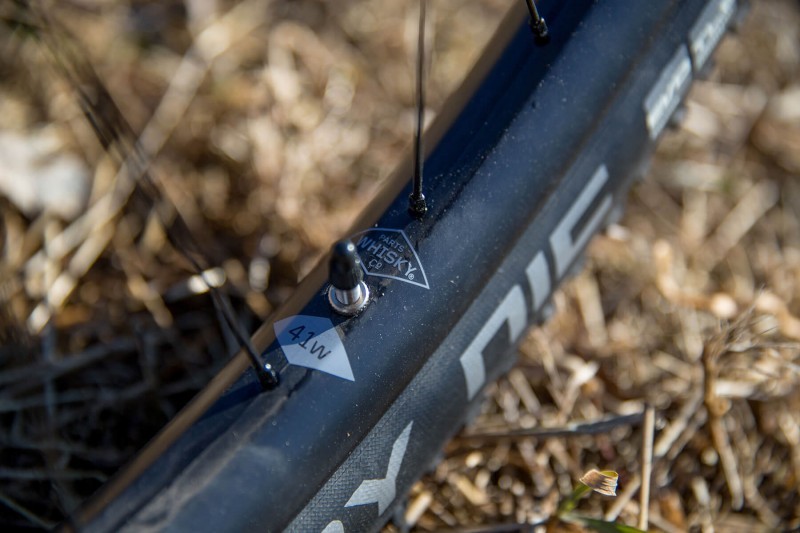 Detail of Whisky No. 9 50w rims on custom Salsa Pony Rustler 27.5+ mountain bike