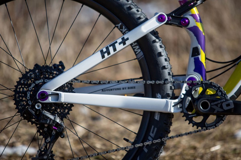 Chain stay detail of custom Salsa Pony Rustler 27.5+ mountain bike