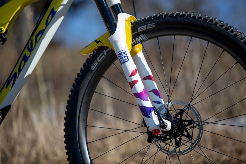 Fork detail on custom Salsa Pony Rustler 27.5+ mountain bike