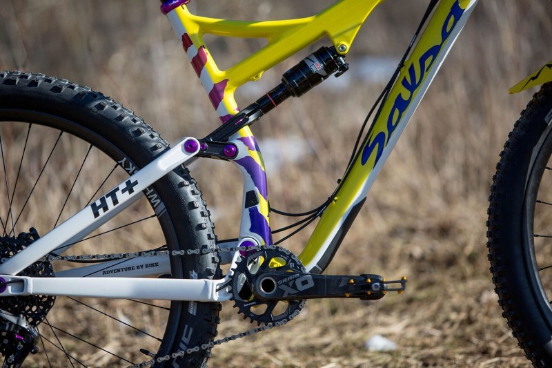 Seat tube detail of custom Salsa Pony Rustler 27.5+ mountain bike